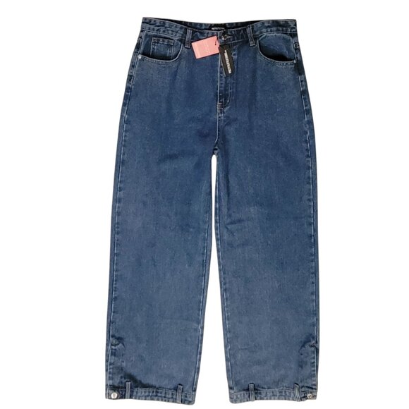 PrettyLittleThing Mid Blue Wash Waistband Detail Hem Baggy High Waist Jean NEW - Picture 2 of 15